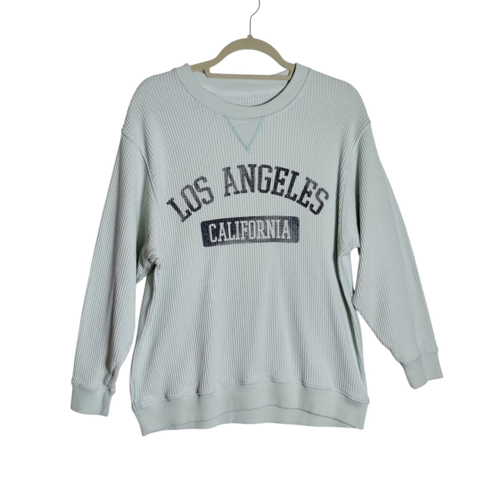 Aerie Los Angeles California Waffle Knit Sweatshirt Mint Green Small Distressed